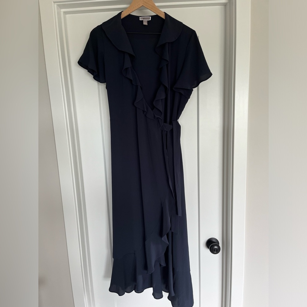 Chelsea28 Navy Blue Ruffled Wrap Dress Asymmetrical